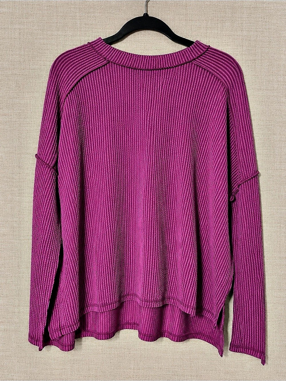 Zenana Raised Rib Raw Edge Boat Neck Long Sleeve Top Pink Large/XL